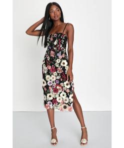 Thriving Energy Black 3D Floral Embroidered Lace-Up Midi Dress